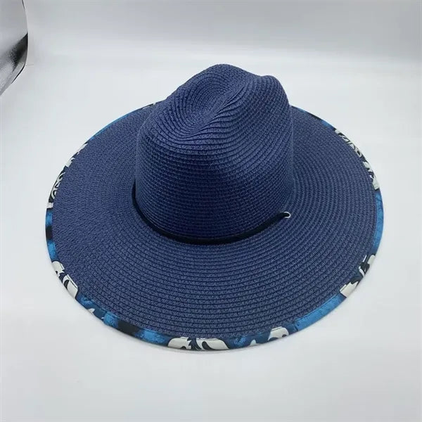 Wide Brim Straw Sun Hat W/ Printed Underbrim and Chin Cord