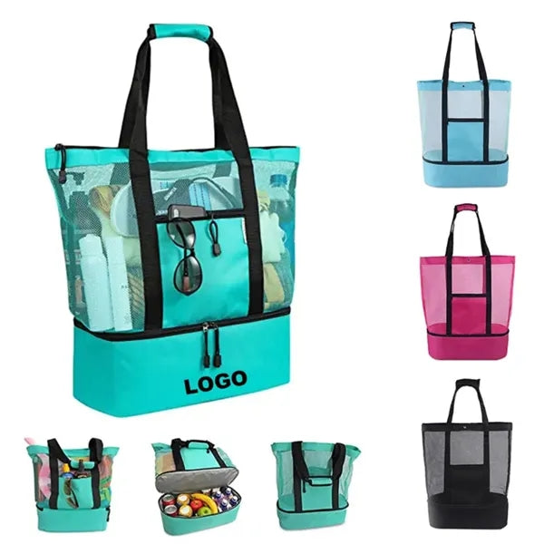 Large Mesh Beach Tote Bag With Insulated Cooler