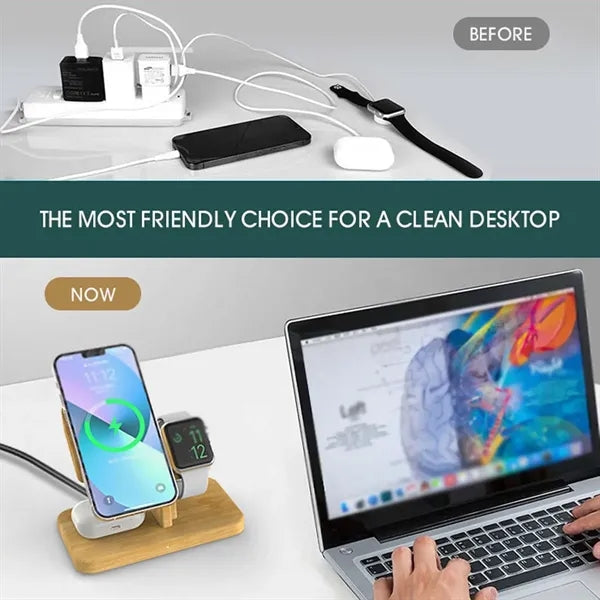 3 in 1 bamboo magnetic stand fast wireless charging station