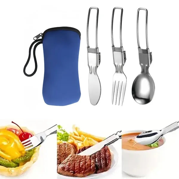 3-Piece Folding Camping Cutlery Utensil Set with Pouch