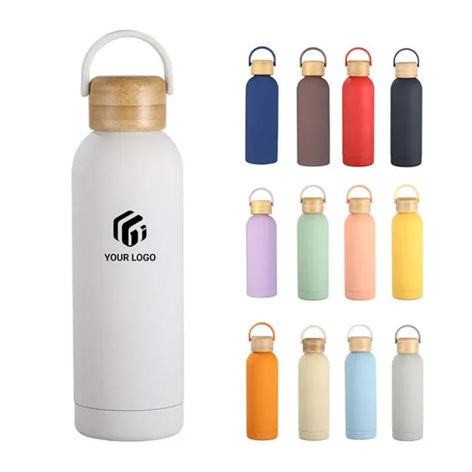 Double-wall vacuum insulated water bottle with wooden lid