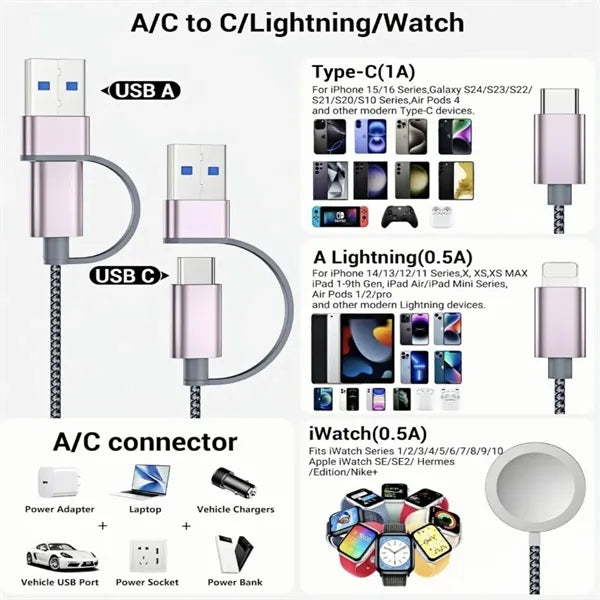 3 in 2 Fast Charging Cable for iPhone Watch
