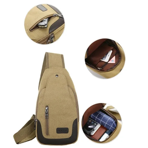 Anti-Theft Canvas Crossbody Sling Bag with Multi-Zip Pockets