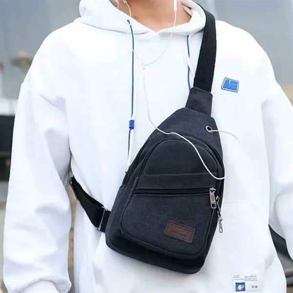 Casual Canvas Crossbody Sling Bag with Earphone Port