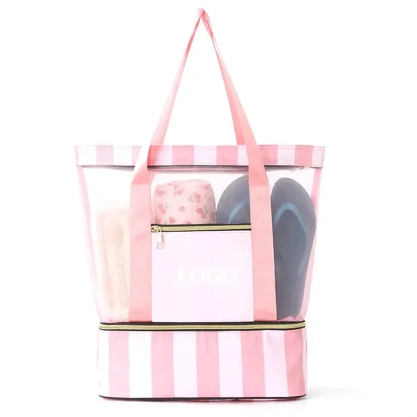 Portable Double Layer Tote Beach Bag with Clear Panel