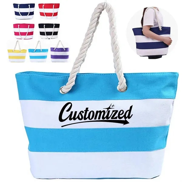 Striped Canvas Beach Tote Bag with Rope Handles