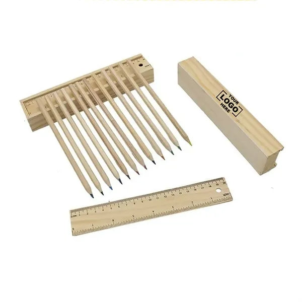 12-Piece Colored Pencil Set In Wooden Ruler Box