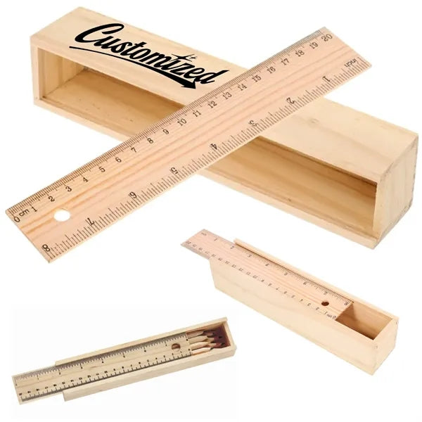 Wooden Ruler Box with 12 Colored Pencils