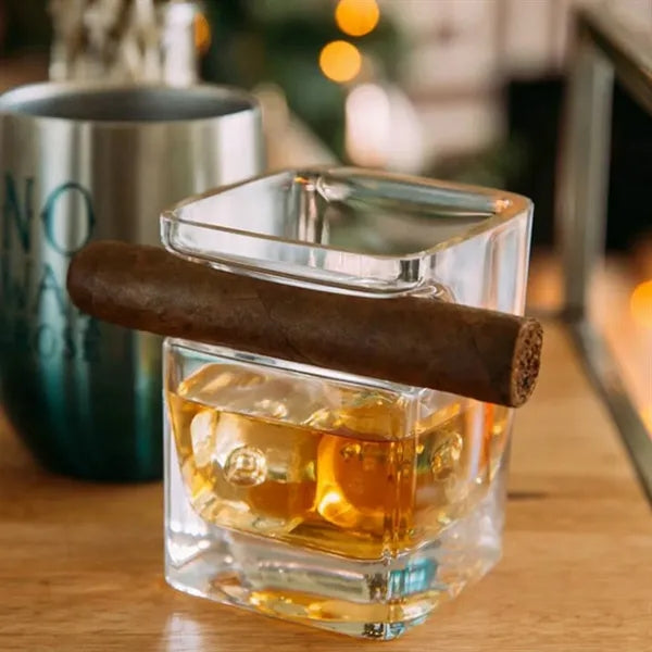 Square Retro Fashioned Whiskey Glass with Cigar Rest