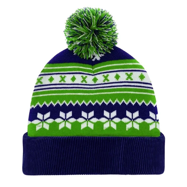Knitted Acrylic Cuff Winter Beanie with Pom