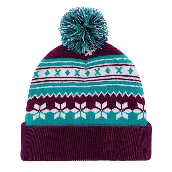 Knitted Acrylic Cuff Winter Beanie with Pom