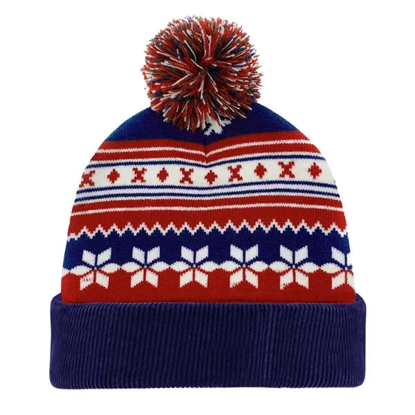 Knitted Acrylic Cuff Winter Beanie with Pom