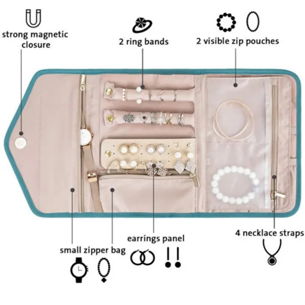 Compact Jewelry Organizer Roll for Travel Storage