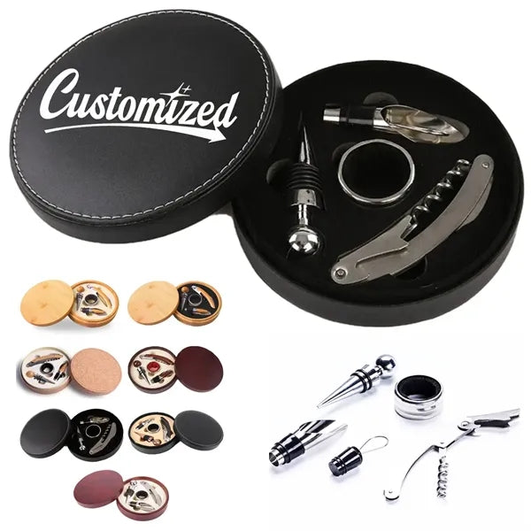 4 Piece Wine Gift Set in Round Leather Case