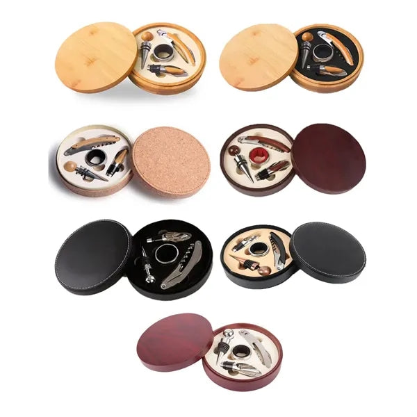 4 Piece Wine Gift Set in Round Leather Case