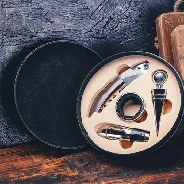 4 Piece Wine Gift Set in Round Leather Case