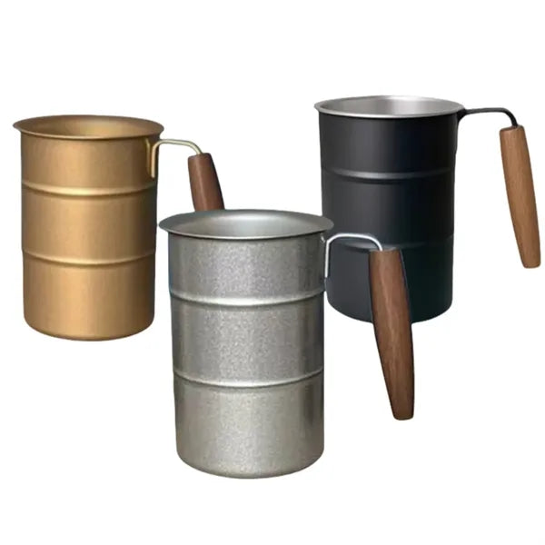12oz Stainless Steel Camping Beer Mug Wooden Handle