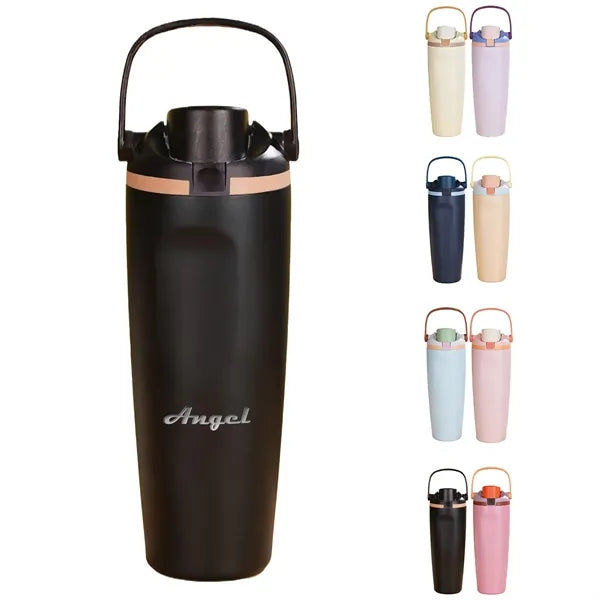 30oz Stainless Steel Foldable Handle Water Bottle with Straw