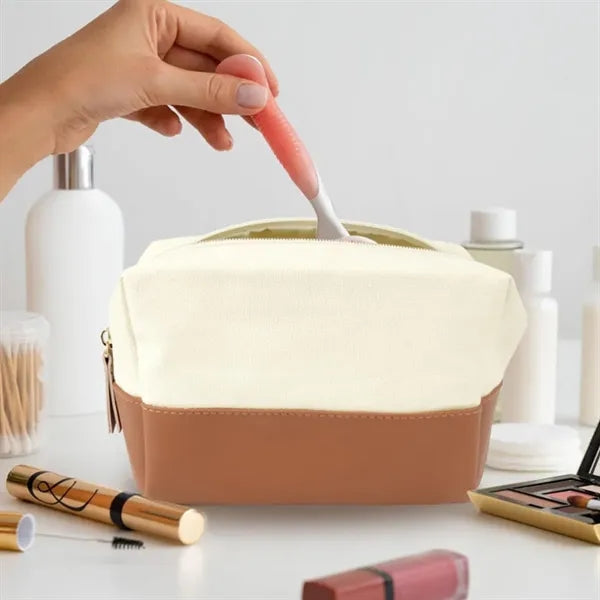 7L Canvas & PU Leather Zippered Cosmetic Makeup Bag