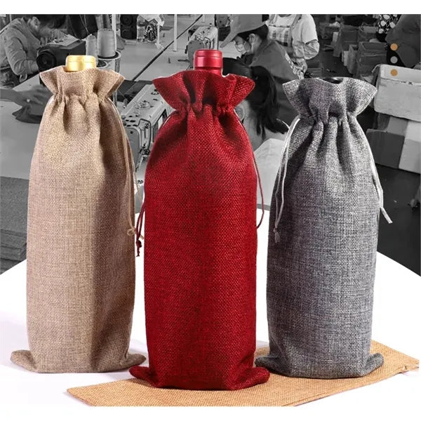 Linen Red Wine Burlap Bag with Drawstring Closure Pouch