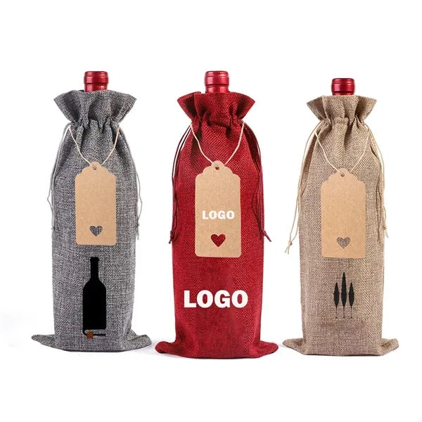 Linen Red Wine Burlap Bag with Drawstring Closure Pouch