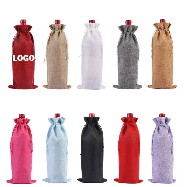 Linen Red Wine Burlap Bag with Drawstring Closure Pouch