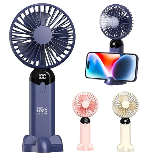Mini USB Rechargeable LED display Desk Fan with Phone Holder
