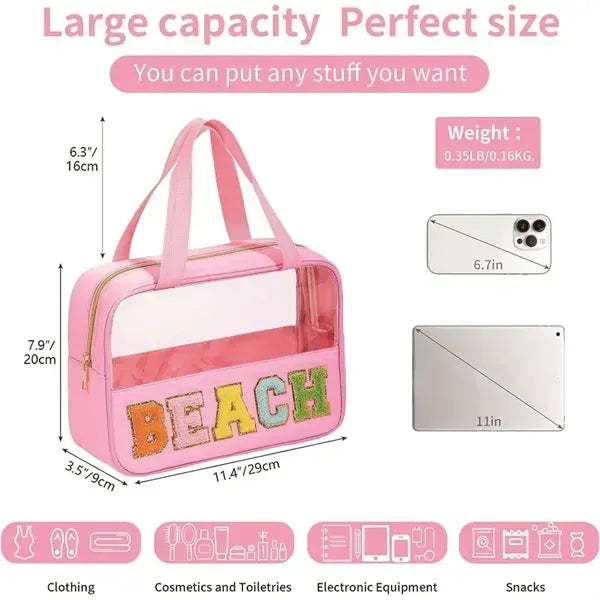 Waterproof Chenille Letter Patch Clear Makeup Bag