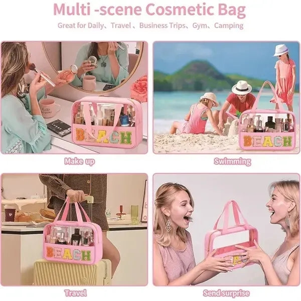 Waterproof Chenille Letter Patch Clear Makeup Bag