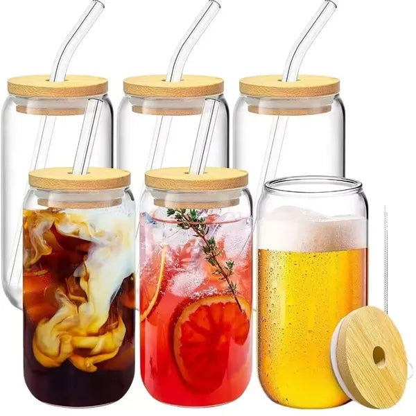 Bamboo-lidded glass cup with straw