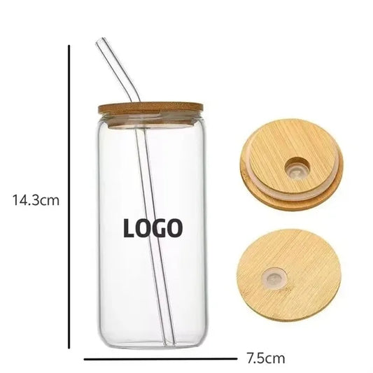 Bamboo-lidded glass cup with straw