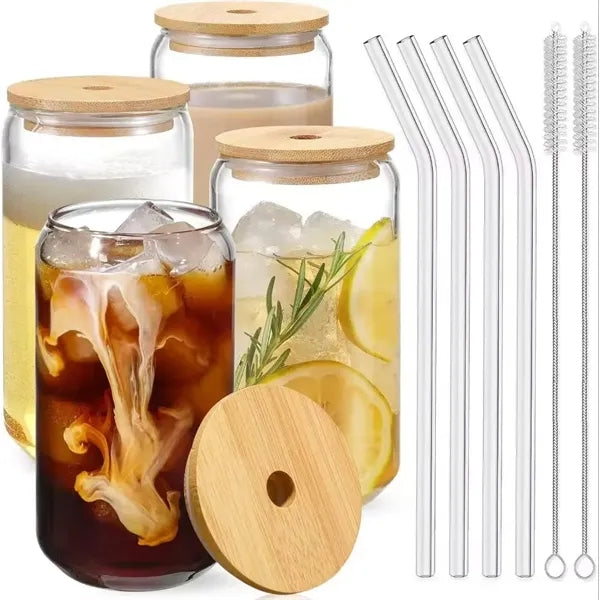 Bamboo-lidded glass cup with straw
