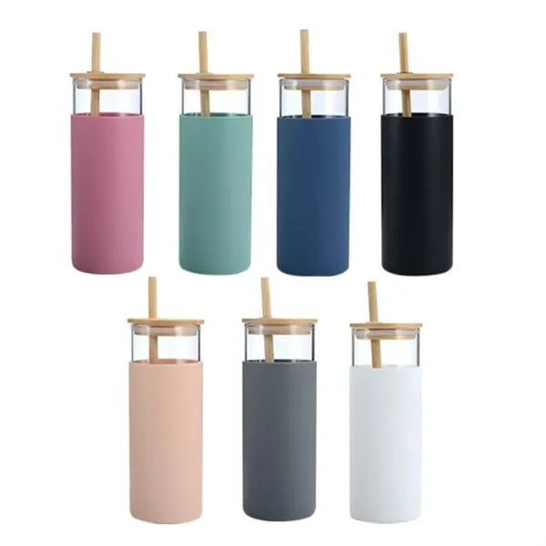17oz. Glass Water Bottle with Bamboo Lid and Silicone Sleeve