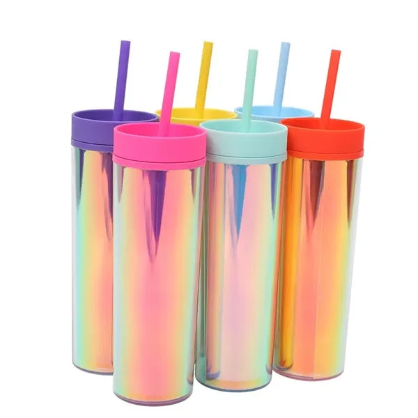 16oz Rainbow Iridescent Double Wall Acrylic Skinny Tumbler