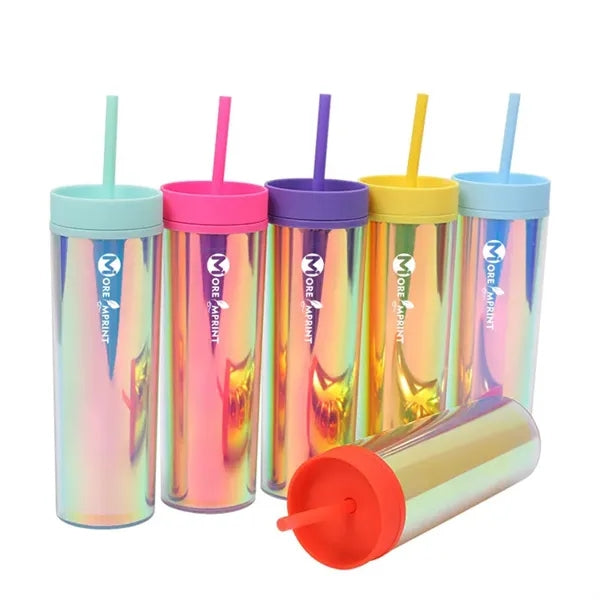 16oz Rainbow Iridescent Double Wall Acrylic Skinny Tumbler