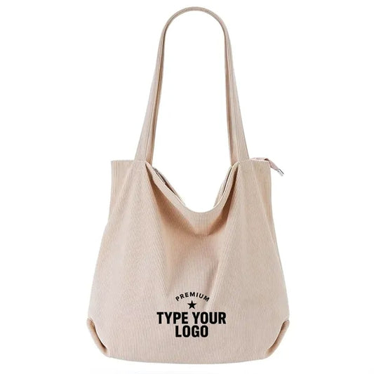 Corduroy Zipper Tote Bag with Pockets