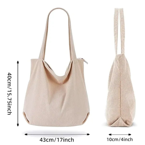 Corduroy Zipper Tote Bag with Pockets