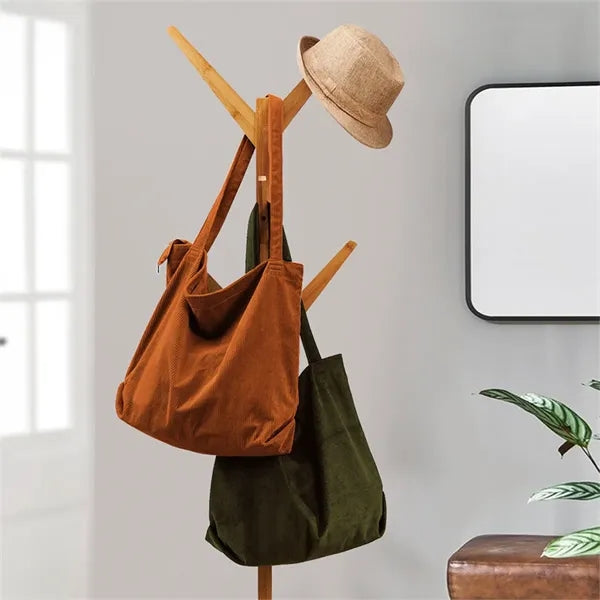 Corduroy Zipper Tote Bag with Pockets