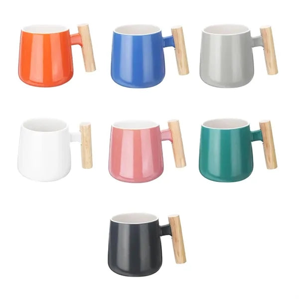 Ceramic Mug with Wooden Handle and Lid