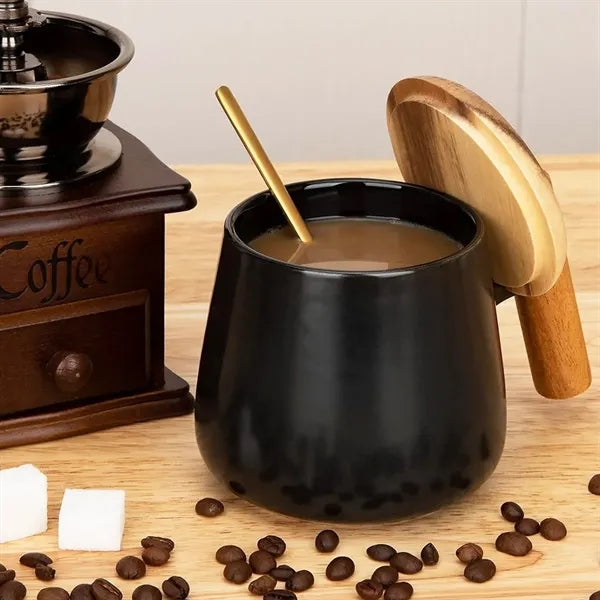 Ceramic Mug with Wooden Handle and Lid