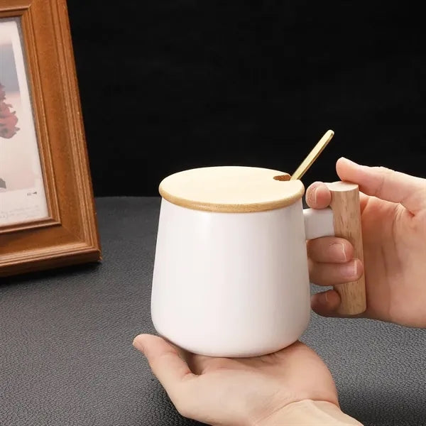 Ceramic Mug with Wooden Handle and Lid