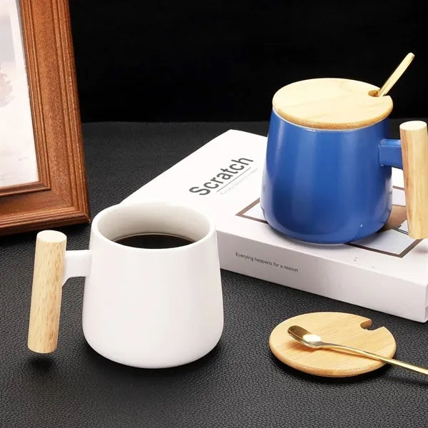 Ceramic Mug with Wooden Handle and Lid
