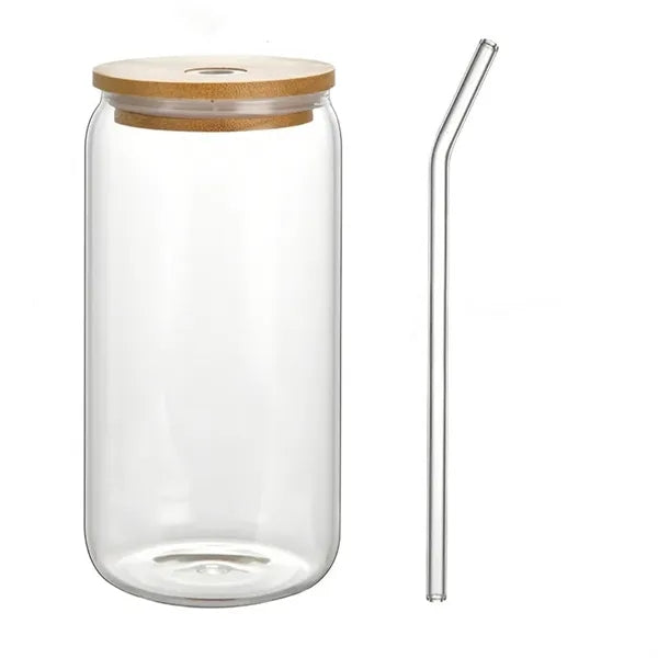 Set of 4 Glass Cups with Bamboo Straws & Lid, 126oz