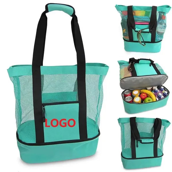 Foldable Mesh Beach Tote Bags w/ Cooler Compartment Storage