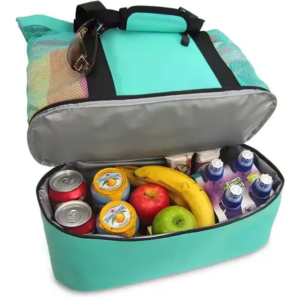 Foldable Mesh Beach Tote Bags w/ Cooler Compartment Storage