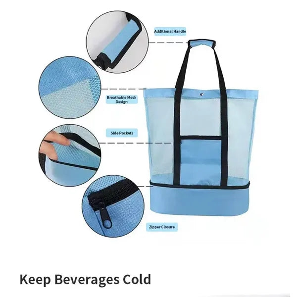 Foldable Mesh Beach Tote Bags w/ Cooler Compartment Storage