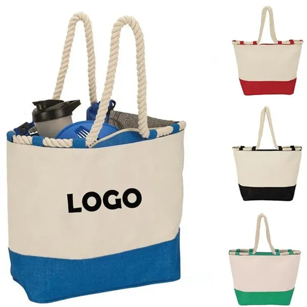 Nautical Zippered Closure Canvas Beach Tote Bag