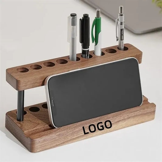 Wooden Cell Phone & Pen Holder for Desk with 9 Slots