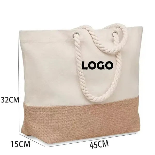 Canvas Beach Bag with Jute Detail Burlap Rope Tote