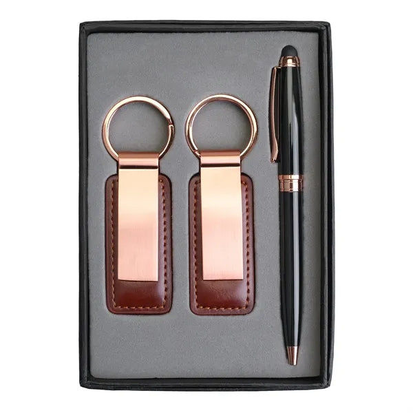 Pen & Black Leatherette/ Metal Keychain Gift Set
